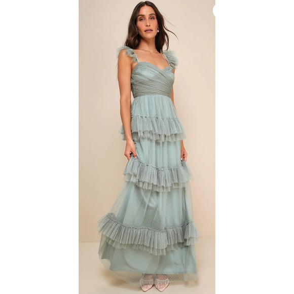 Lulus Dresses & Skirts - NWT Lulus Pure Radiance Sage Brush Mesh Swiss Dot Tiered Maxi Dress Romantic